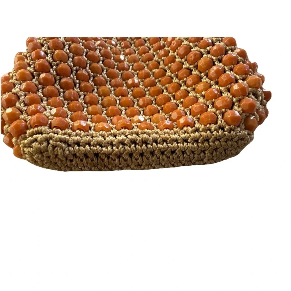 Vintage Amber Colored Beaded Crocheted Coin Purse Kiss Lock Closure‎